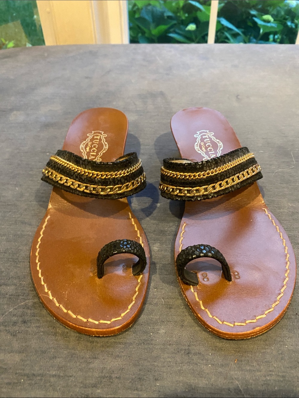Tuccia Di Capri Brown Leather Sandals with Black Straps & Gold Chains